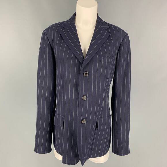 RALPH LAUREN Blue Label Size 12 Navy White Pinstripe Linen Blend Blazer - Picture 1 of 1